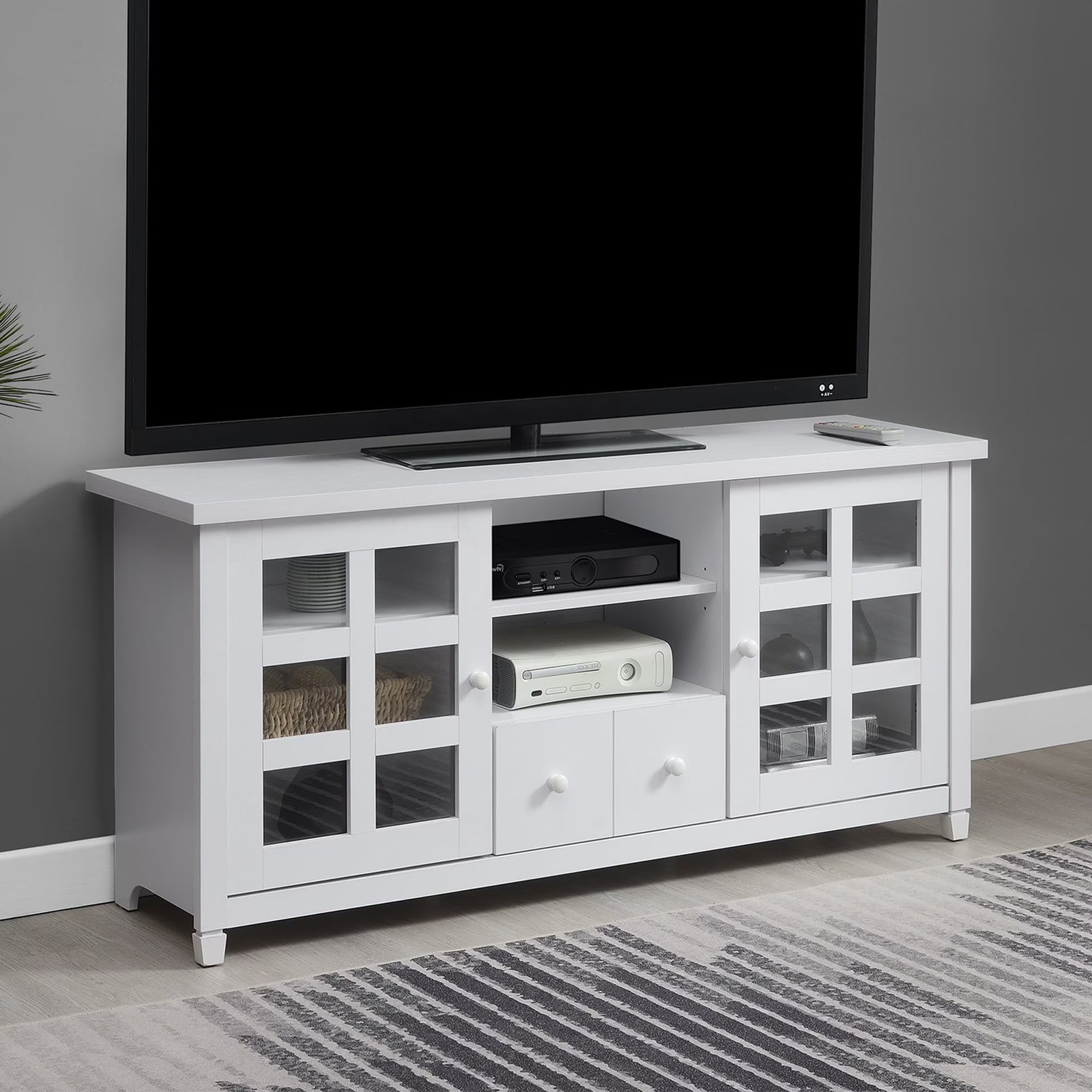 65-inch Tv, Glass Cabinets, Open Shelves, 1 Drawer, Cable Ma