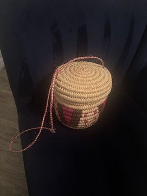 Vintage Handwoven Straw Basket Purse Round Coil Bag Boho Folk Art Shoulder Tote