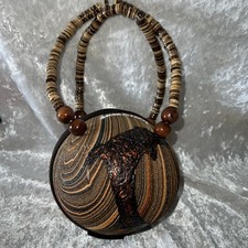 Coconut Shell Handbag/ Purse Beaded Handle Zipper Jamaica Brown