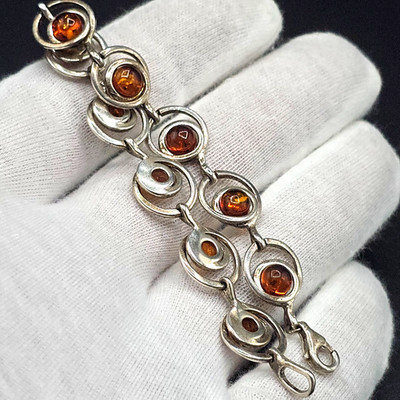 Vintage Silber Bernstein Armband 925er Silber Modernist Stil runde Bernsteine 