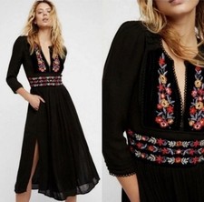 Free People Floral Embroidered Midi Dress Floral Black Peasant Boho Size Large