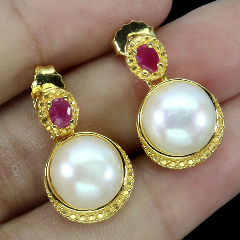 Pendientes de plata de ley 925 rubí ovalado 4x3 mm perlas piedras preciosas naturales joyería Foto 2 de 4