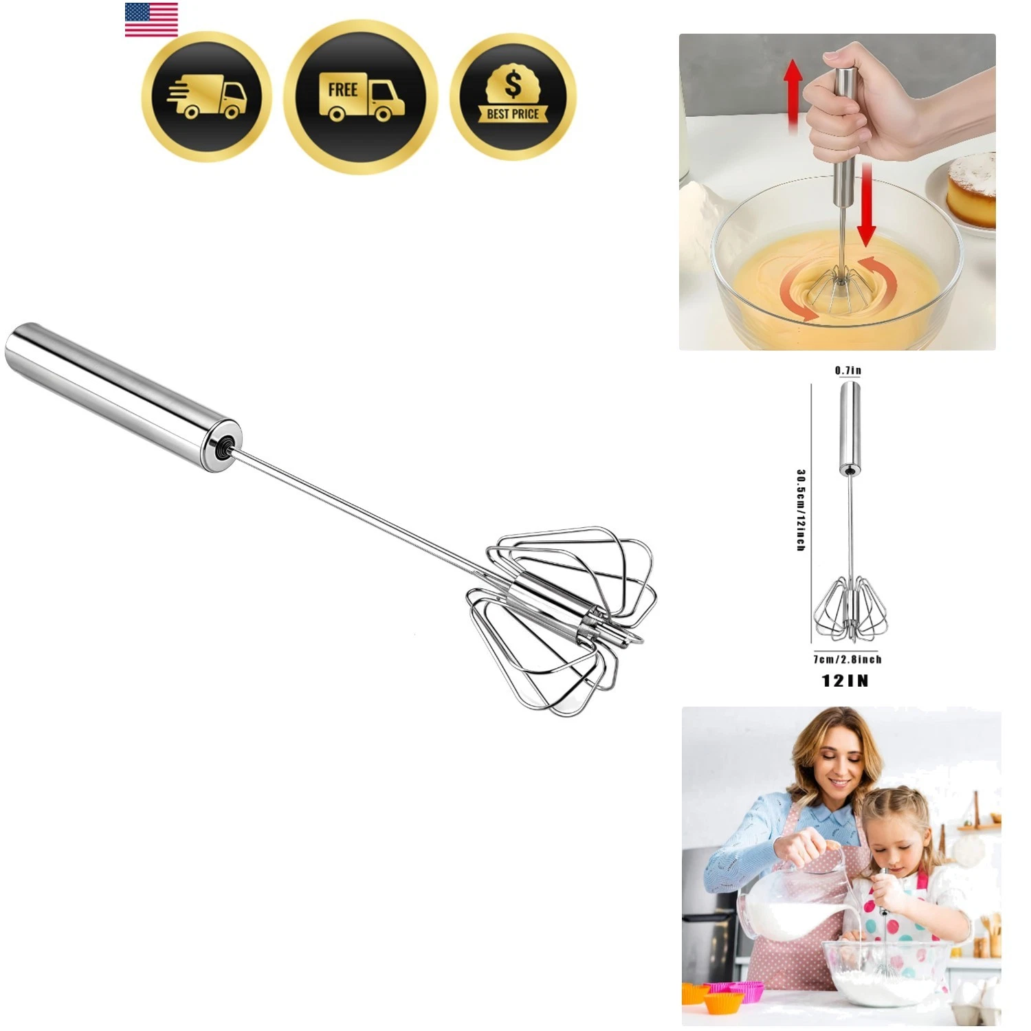 Stainless Steel Egg Whisk, Hand Push Rotary Whisk Blender, Versatile Milk Fro...
