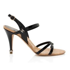 CHANEL Patent Leather Quilted Cork Strappy Logo Stiletto Sandal Heels Black 41.5