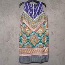 Nine West Size 4 Blue Green Short A-Line Keyhole V-Neck Floral Print Dress