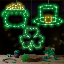 St Patricks Day Decorations Lights 3 Pack Green Shamrock Hat Gold Pot Window Li