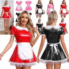 Women's Leather Wetlook Anime Cosplay French Apron Maid Fancy Dress Tutu Dress