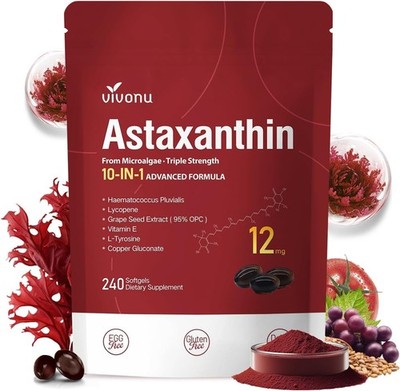 VivoNu Astaxanthin 12mg 240 Soft Capsules Natural Antioxidant Vegan GMO Free