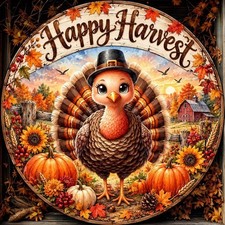 Happy Fall Harvest Door Sign, Turkey, Thanksgiving, Autumn Pumpkin, Scarecrow