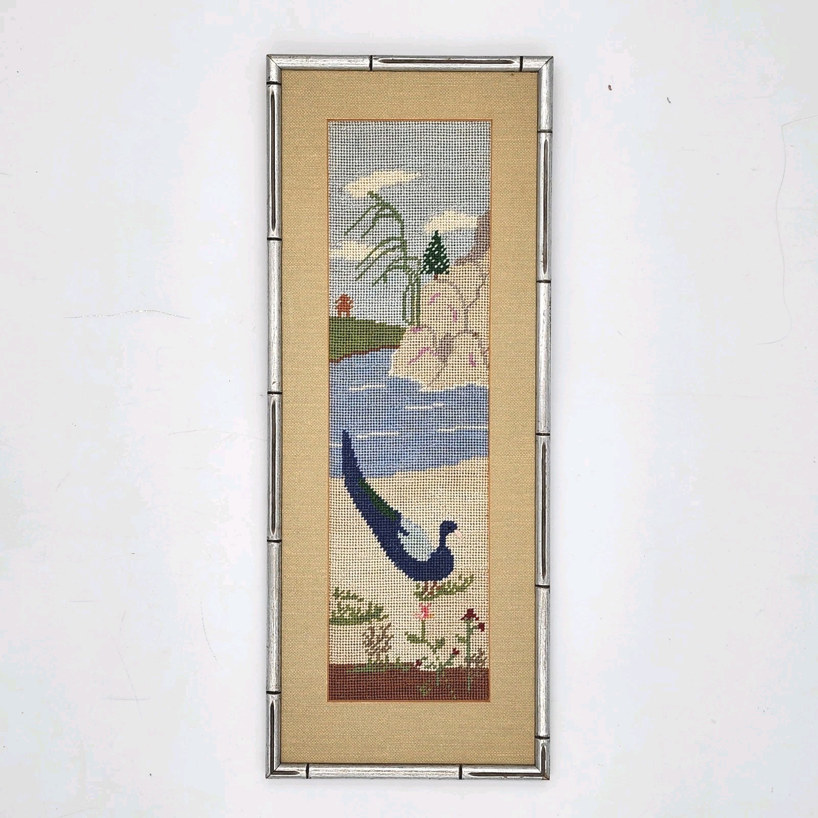 Vintage Framed Peacock Needlepoint Art  Hand-Stitched Textile Landscape Scene