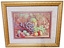 Impresión de vidrio con marco dorado ornamentado de uvas frutales bodegón interiores 13 x 16