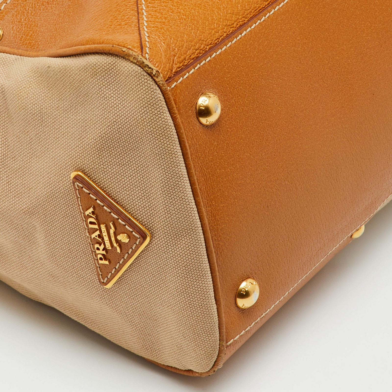 Prada BeigeTan Canvas and Cinghiale Leather Top Handle Bag thumbnail 16