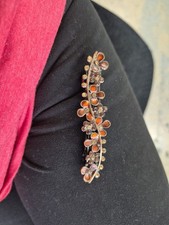 Vintage COPPER TONE Hair Barrette Lucite Brown Floral Rhinestone Enamel 3" Retro