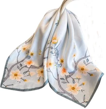 100% Silk 20" small square Scarf Women neckerchief Wrap floral blue beige HD139