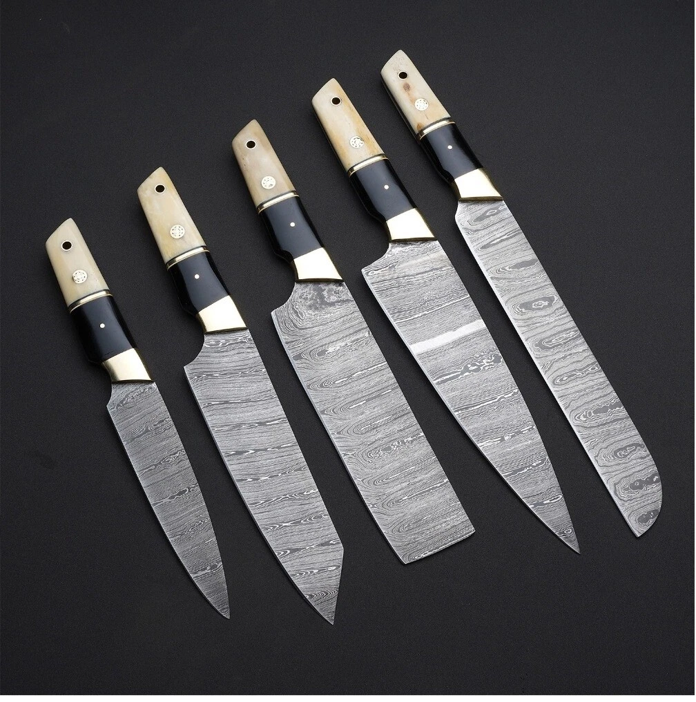 HAND FORGED DAMASCUS STEEL CHEF KNIFE KITCHEN SET WITH black horn roll bag