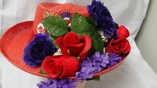 #337 Red Hat Ladies Society Cushees Hat Bonnet Straw 3 Queen Lapel Pins Purple