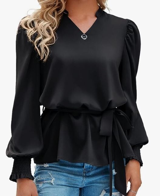 Women's Long Puff Lantern Sleeve V Neck Blouse Shirred Elastic