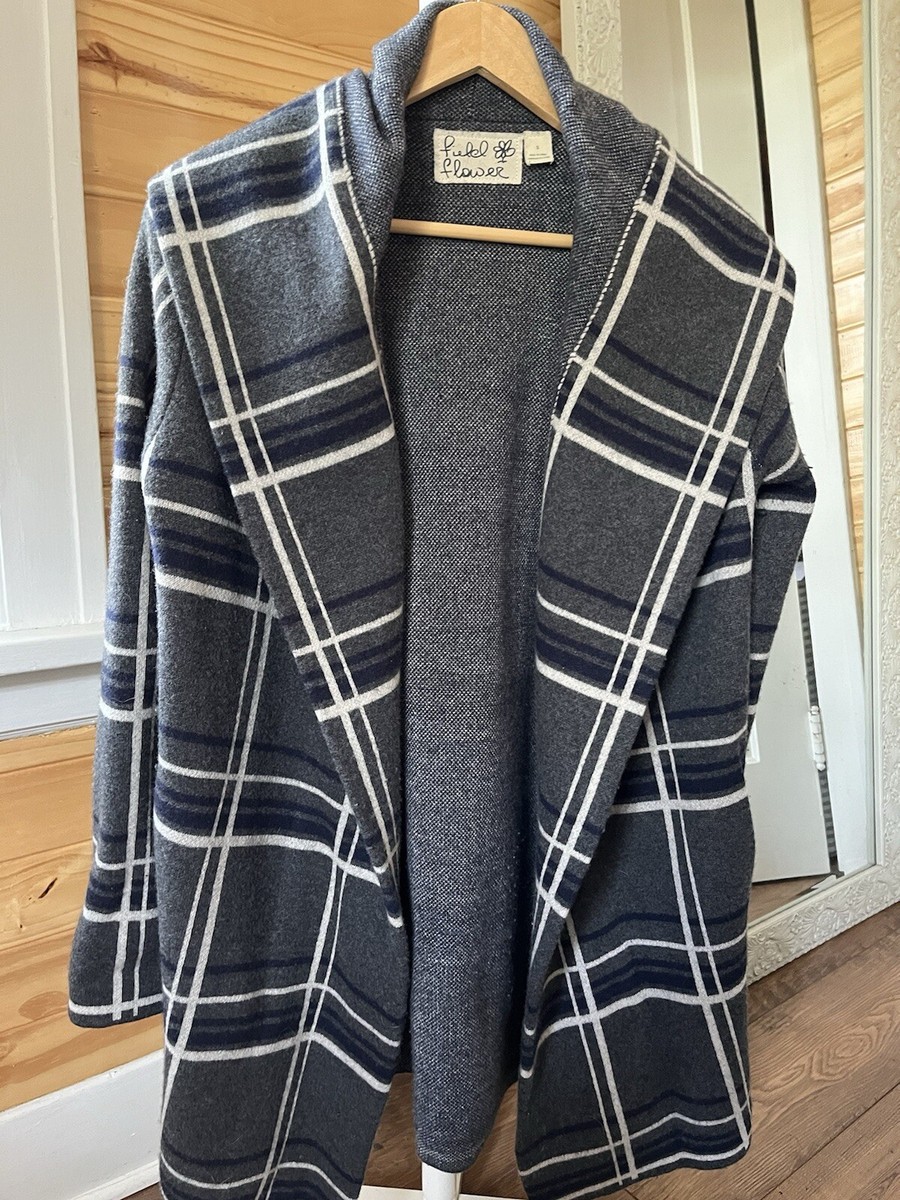 Anthropologie Field And Flower Hooded Sweater Coat- Size S- Blue/Grey  Plaid-EUC