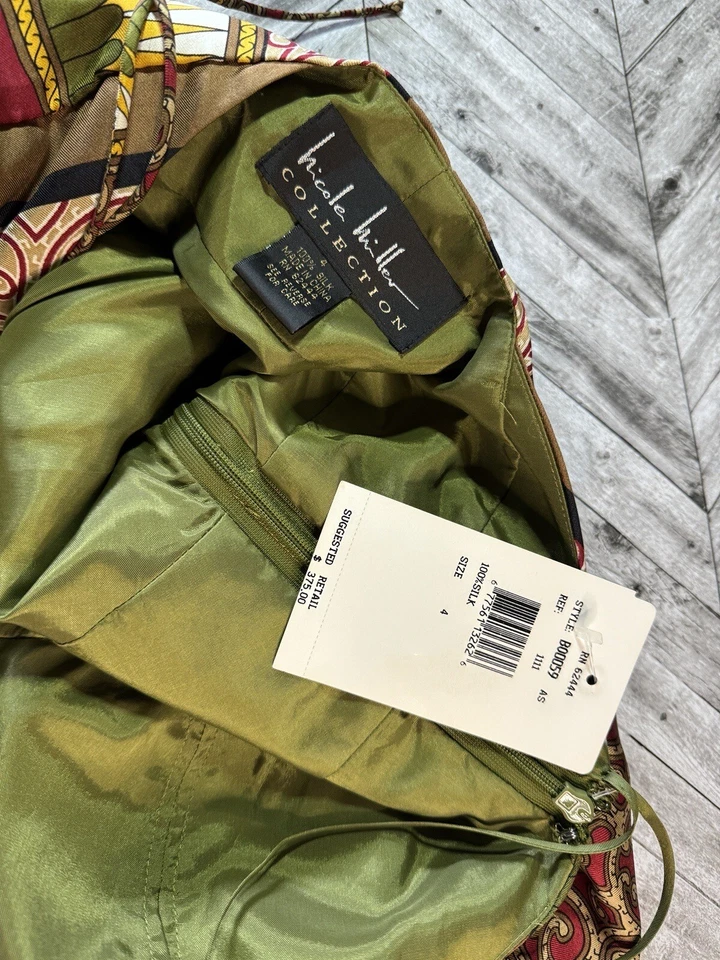 NWT Nicole Miller Collection Silk Dress Womens 4 Maxi Gown Lined Multicolor Logo - Image 3 of 4