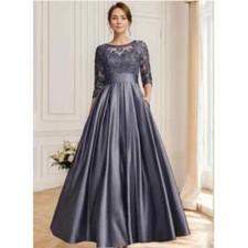 Mother of The Bride Dresses for Wedding 3/4 Sleeve Satin Long Lace Applique