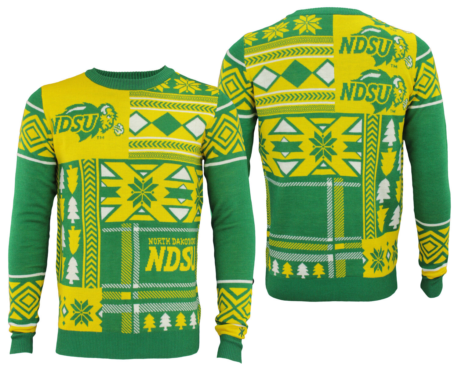 Мужской праздничный свитер Ugly Bison NCAA от штата Северная Дакота, желтый / зеленый