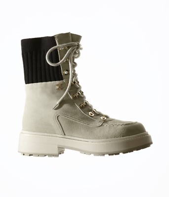 Chanel 21K Ivory Suede Black CC Platform Combat Lace Up Ankle