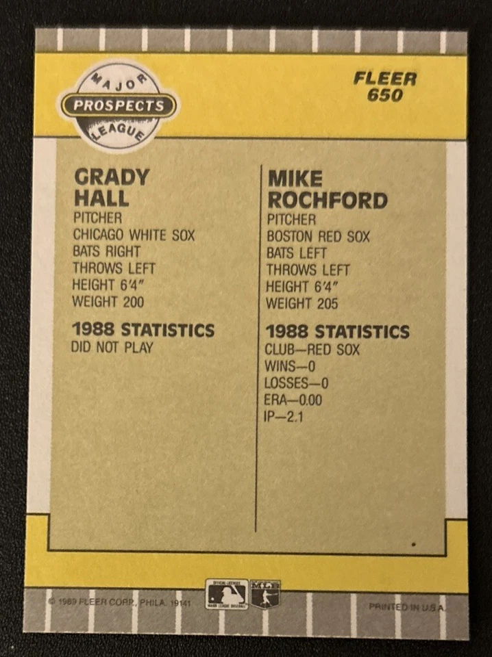 1989 Fleer Grady Hall Mike Rochford Major Prospects Rookie Card (RC) #650 GD O/C - Image 2 of 2