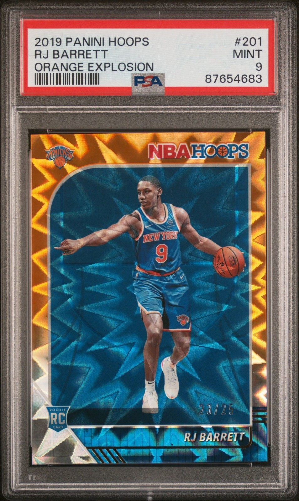 2019 PANINI HOOPS RJ BARRETT #201 ROOKIE RC ORANGE EXPLOSION /25 PSA 9 MINT view 1