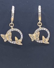 Gold Tone Butterfly Dangle Earrings Faux Gems