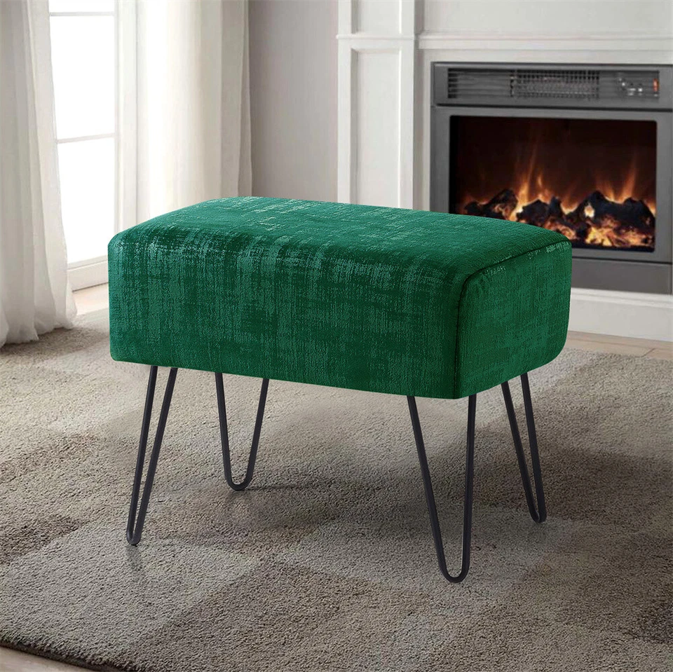 Plush Textured Velvet Ottoman Footstool Metal Legs Accent for Modern Living Room - Image 4 of 4