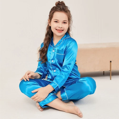 New Kids Boys Girls Silk Pajamas Long Sleeve Satin PJs Sets Nightwear Sleepwear - Picture 34 of 83