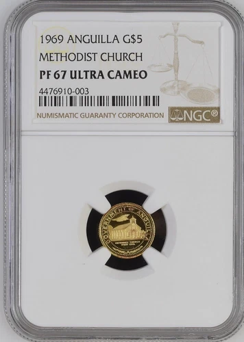 Anguilla 1969 Methodist Church 5 Dollars NGC PF67 Gold Coin,Proof