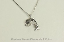 Sterling Silver Diamond Mom Baby Dolphin Pendant 16mm x 14mm 4.2g 18" Chain