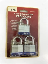 Security 3 pc Keyed-Alike Padlocks 1-1/2" New Old Stock in Package 40604