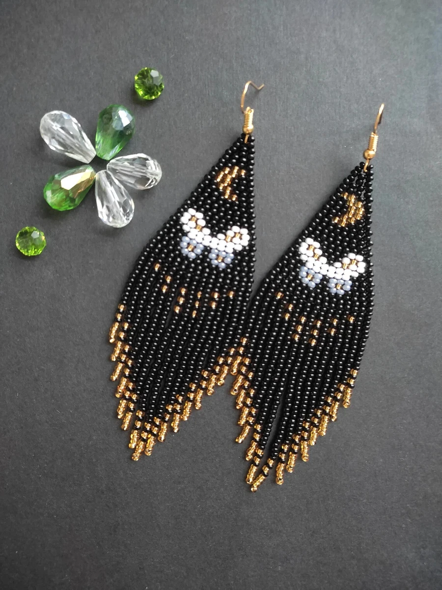 Black gold butterfly earrings Beaded moon earring handmade long bead jewelry