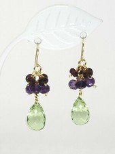 14k Yellow Gold Sim. Green Amethyst Garnet Purple Amethyst Cluster Drop Earrings