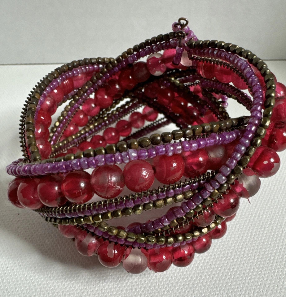 Brazalete estilo bohemio multihilo cuentas pesadas rosa, rojo, púrpura y bronce Foto 3 de 4