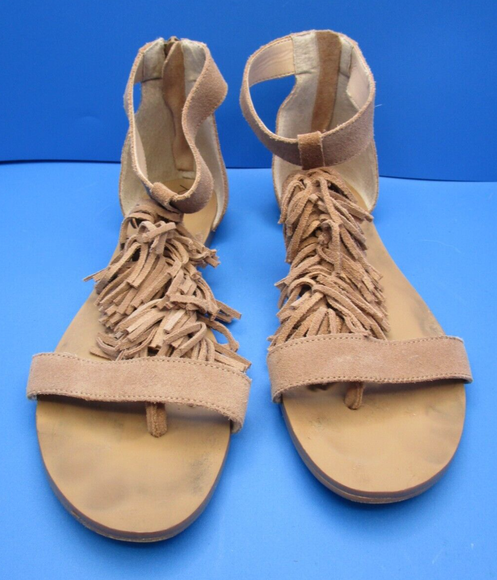 SAOLA SANDALI SOLE SOCIETY marroni scamosciati frange gladiatore cerniera posteriore taglia US 9 EU 39