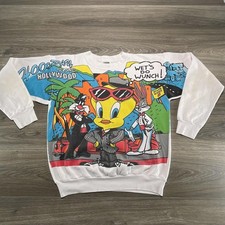 Vintage Looney Tunes Hollywood Sweatshirt Mens Large White AOP Tweety 90s USA