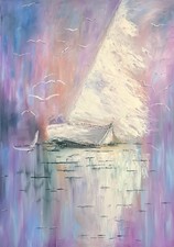 Original Ölbild, 50x70, Landschaft, Abstrakt, Sommer, Segelboot