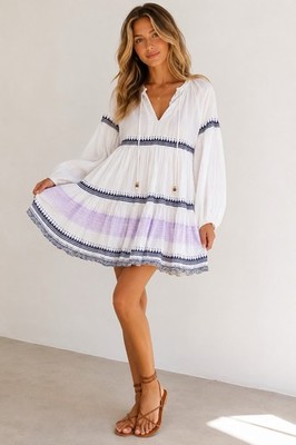 gauzy boho dress Oliphant White Purple Long Sleeve Cotton Marrakech size Large Come one come all INV-G153387 Size:35XL