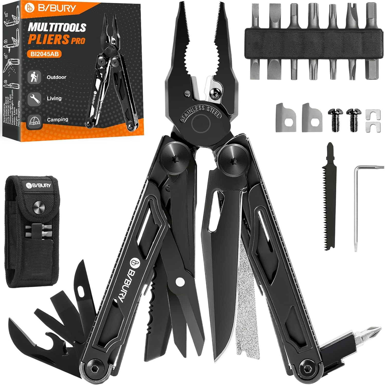 BIBURY Pro Multitool Pliers BI2045AB, Stainless Steel with Scissors and Screwdri