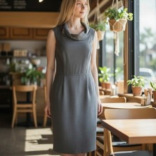 Tahari Gray Sleeveless Dress Sz 10 Cowl Neck Zip Up Back Slit Back