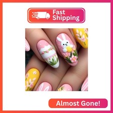 IMSOHOT Easter Press on Nails Medium Almond Fake Nails with Pink Flower Cute R
