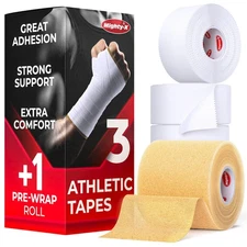 Premium White Athletic Tape for Injuries - 3 Pack with Pre-wrap - Easy Tear &...