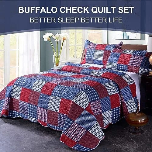  Red Blue Plaid Quilt Set Size Country Patchwork Bedding Full/Queen Blue,red - Image 2 of 4