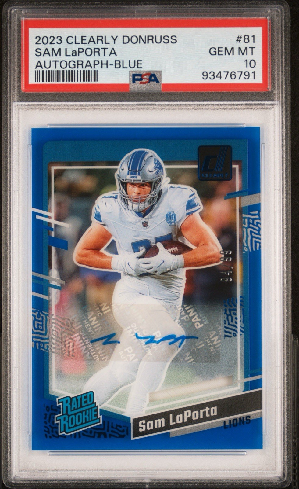 2023 Panini Clearly Donruss - Rated Rookie Sam LaPorta #81 Blue /99 PSA 10