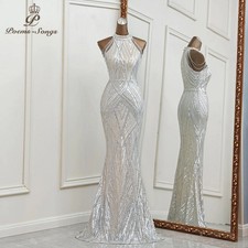 Luxury Silver mermaid evening dresses Beads Sequins ball gowns Cocktail party