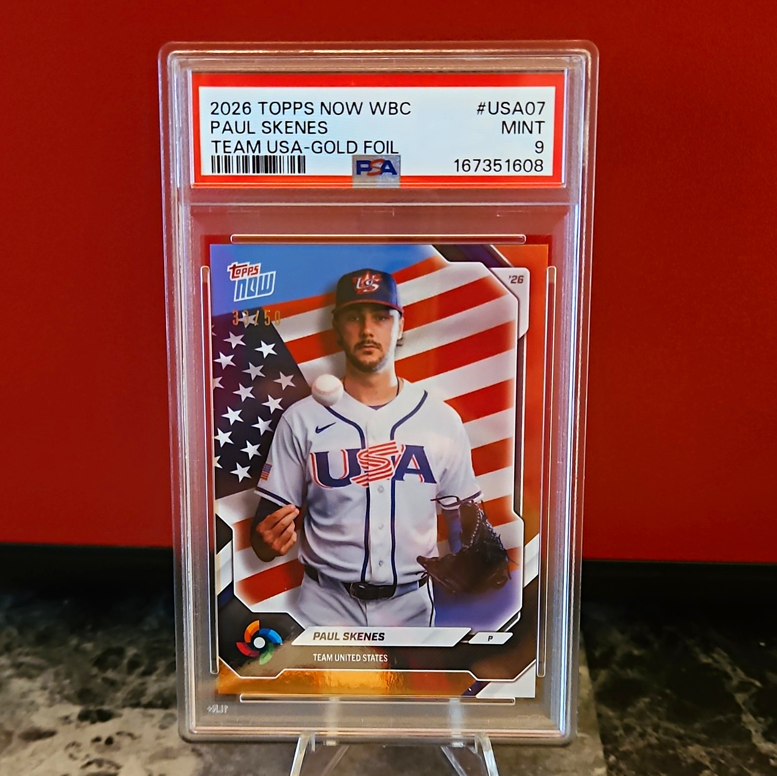 Topps 2026 Now WBC Paul Skenes Team USA Gold Foil /50 #USA07 PSA 9