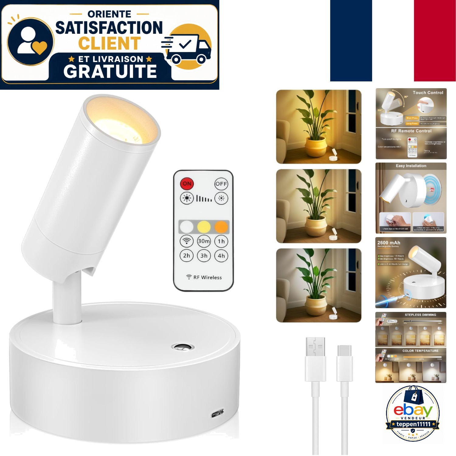 Applique Murale LED Rechargeable en Aluminium Noir au Design Épuré